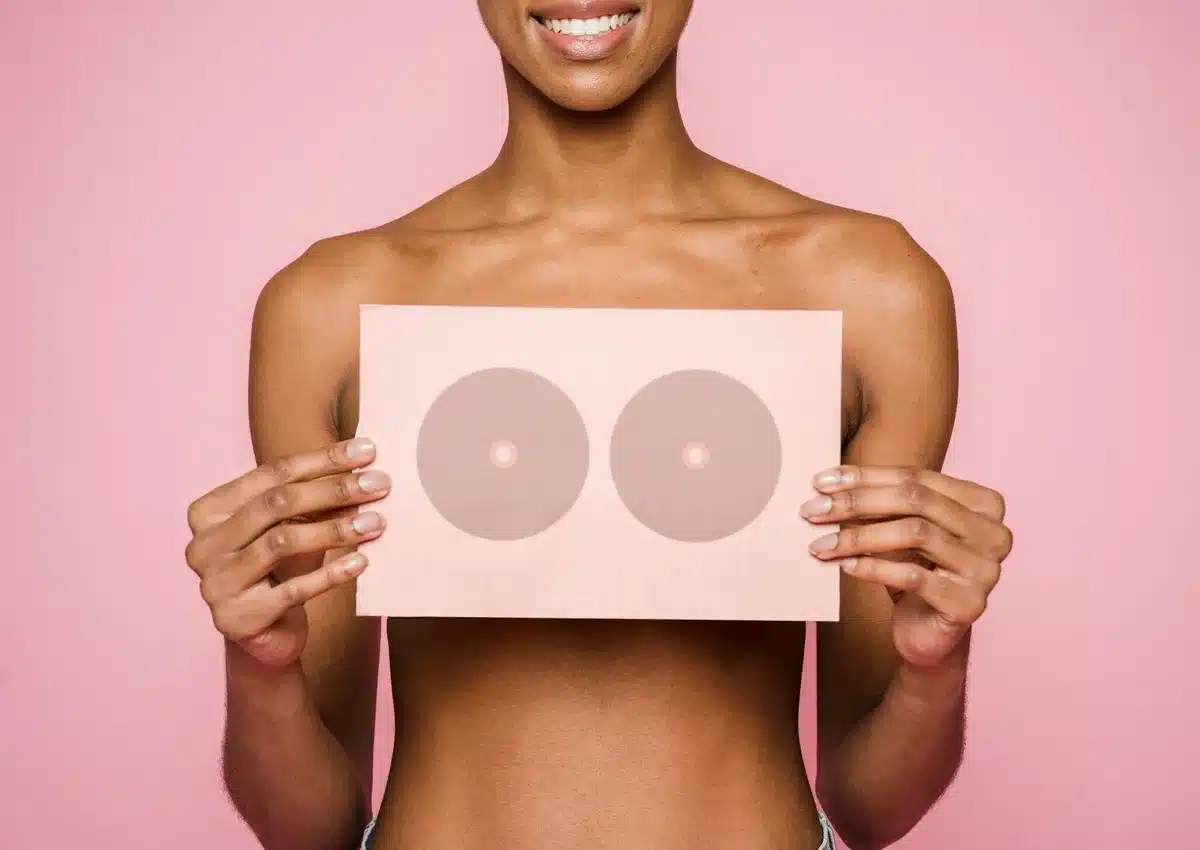 Woman performing breast self-examination to detect early changes