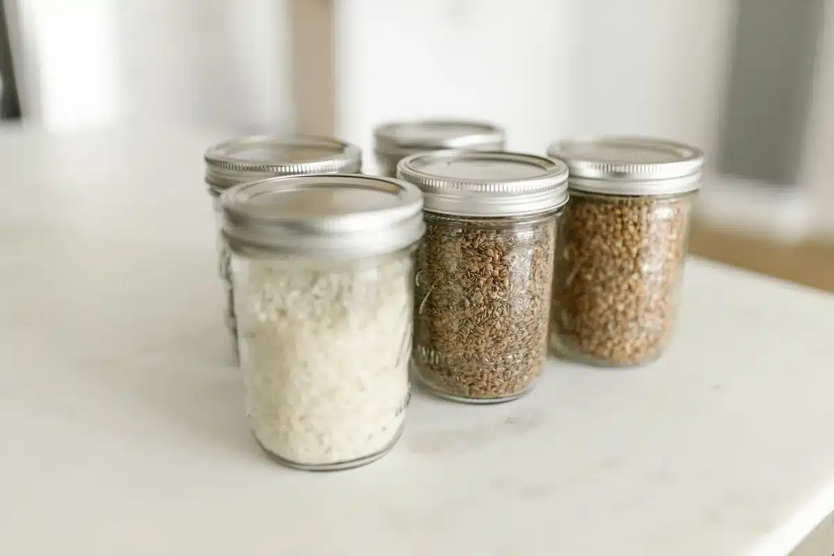 Assorted nuts, seeds and grains stored in containers on a pantry shelf