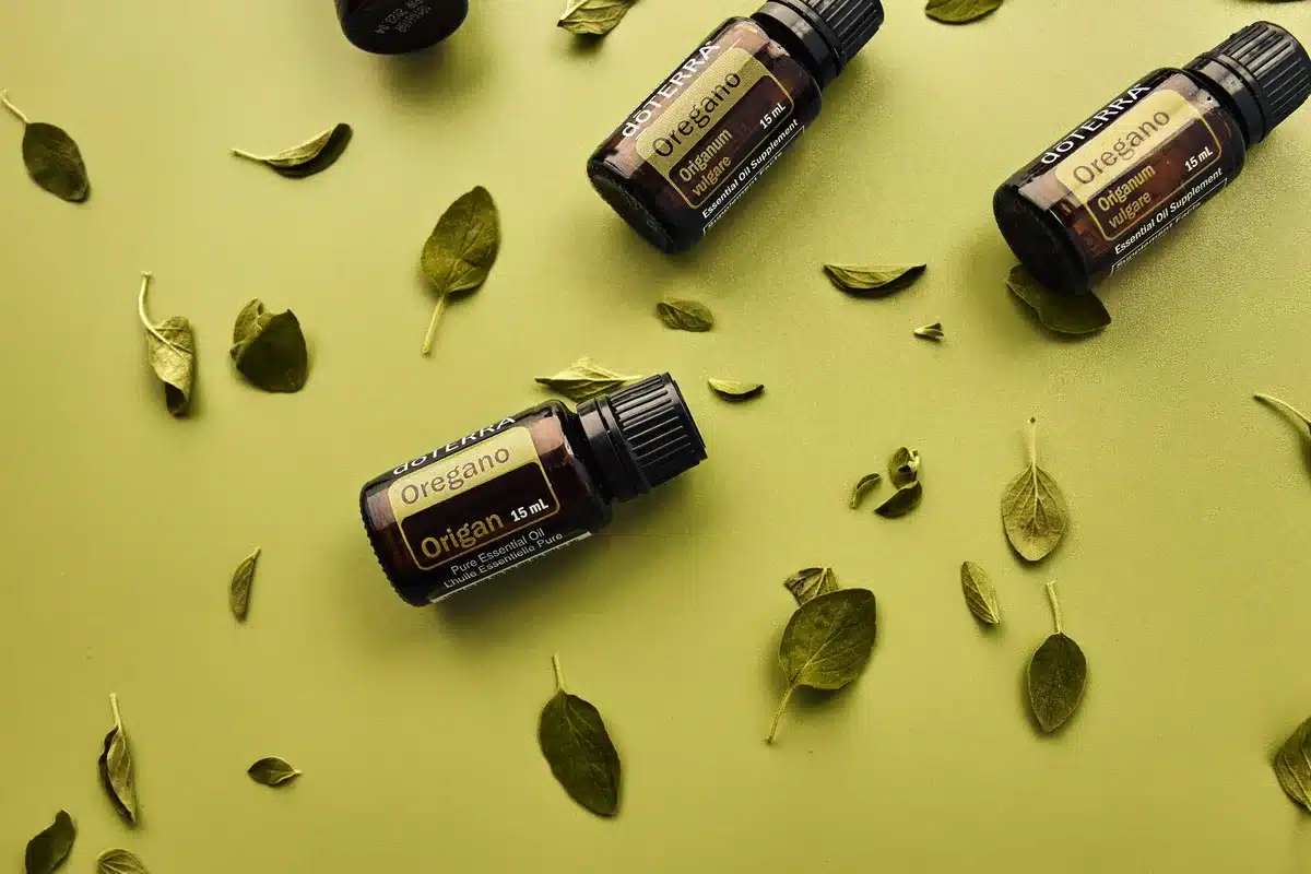 Oregano essential oil in a small dark glass bottle next to fresh and dried oregano sprigs