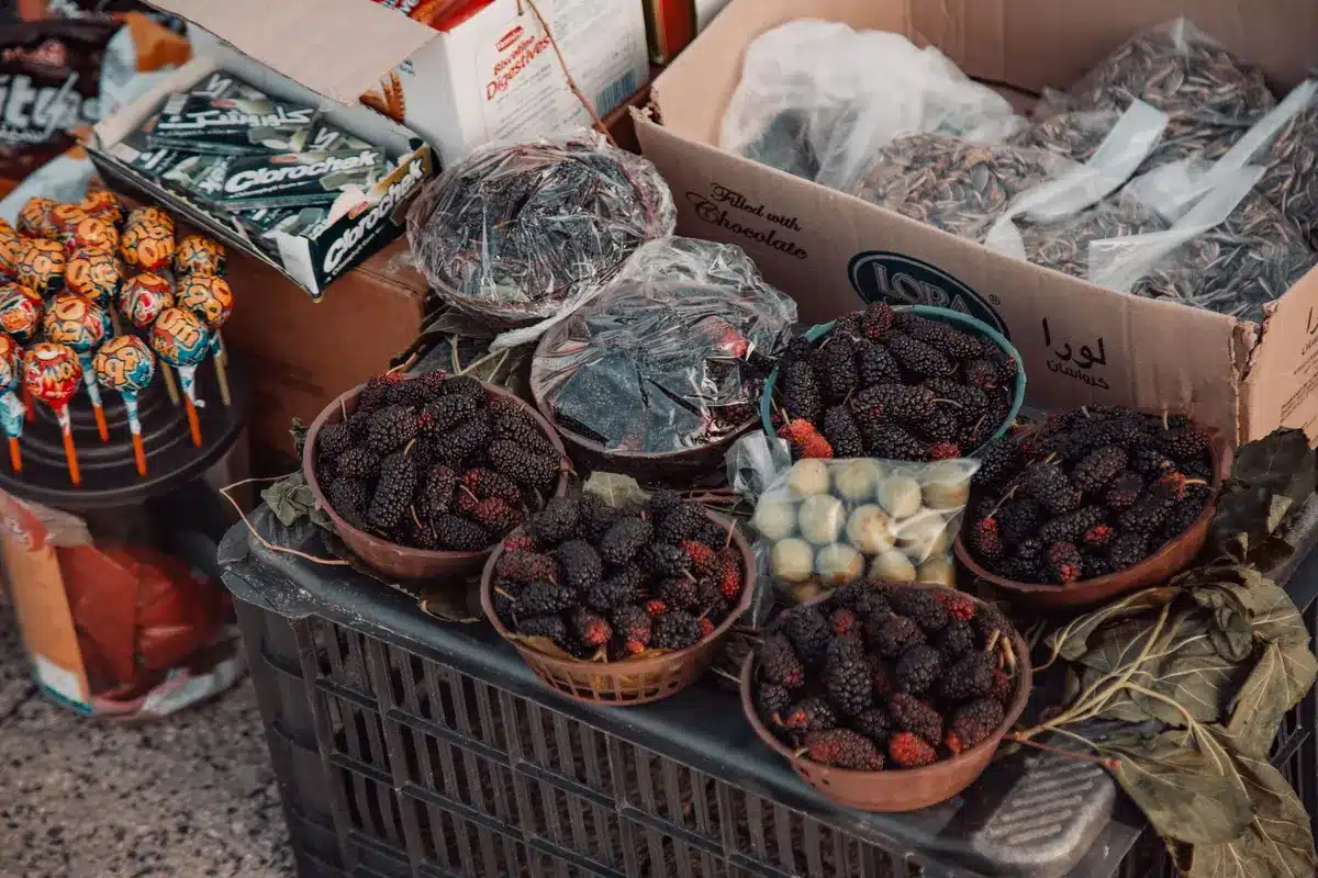 Side-by-side comparison of mulberries and blackberries showing their different shapes and colors