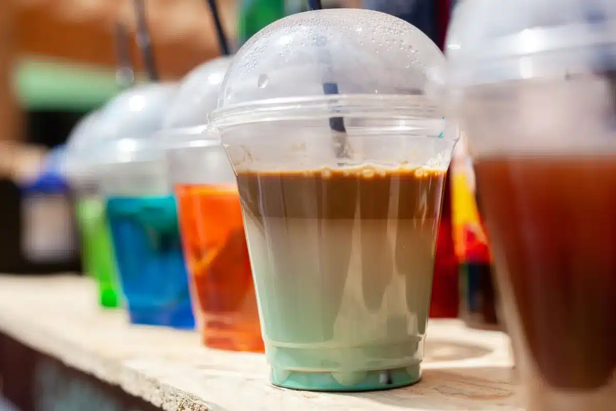 Variety of sugar-sweetened beverages including soda, juice, and sweetened coffee drinks