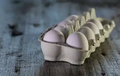 Two plates with eggs for breakfast on a sunlit kitchen table, paper medical results blurred behind