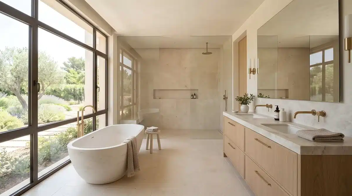 Thermostat and showerhead in a bright bathroom to set lukewarm water and short showers